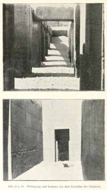Abb. 13 u. 14. Pfeilergang und Kammer aus dem Portalbau des Chephren
