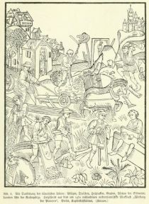 006 Alte Darstellung des bäuerlichen Lebens, Plügen, Dreschen, Holzhacken, Graben, Füttern der Schweine, daneben Akte der Rechtspflege. Holzschnitt aus dem um 1470