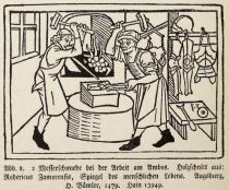 008 2 Messerschmiede bei der Arbeit am Ambos. Holzschnitt aus Rodericus Zamorensis, Spiegel des menschlichen Lebens. Augsburg, H. Bämler, 1579