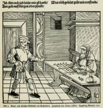 008 Bauer und jüdischer Geldverleiher am Rechenbrett. Holzschnitt aus Cicero, Officia. Augsburg, Stepner, 1531