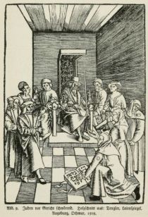 009 Juden vor Gericht schwörend. Holzschnitt aus Tengler, Laienspiegel. Augsburg, Othmar, 1509