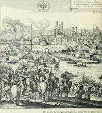 027. Ansicht der Belagerung Magdeburgs durch Tilly im Jahre 1631. Merians Theatrum Europaeum, erschienen zu Frankfurt a. M. 1637. Im Vordergrunde links Tillysche Kürassiere (Pappenheimer); rechts Kürassiere, die mit hinten aufgesessenem Fußvolk das Wasser überwinden, um sich zum Sturm auf die Zollschanze anzuschließen. Ein Teil des Fußvolks ist noch mit Spießen (Pike) versehen.