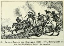 031. Jacques Courtois gen. Bourgignon (1621-1676), Reitergefecht aus dem Dreißigjährigen Krieg. Kupferstich. 