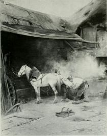 Pferd zum Beschlag in der Dorfschmiede
