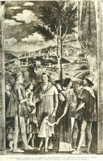 038. Begegnung Lodovicos II. Gonzaga, Markgrafen von Mantua, mit seinem Sohne, dem Kardinal Francesco. Fresko von Mantegna im Castello di Corte zu Mantua.