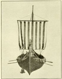 Fig. 13. Wikingerschiff von Gokstad, Vorderansicht. (Modell im Museum für Meereskunde.)