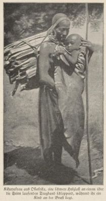 Mutterliebe, Kikuyufrau aus Ostafrika, eine schwere Holzlast an einem über die Stirn laufenden Tragband schleppend, während ihr ein Kind an der Brust liegt.