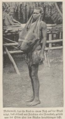 Mutterliebe, Mekeoweib, das ihr Kind in einem Netz auf der Brust trägt, das es sonst mit Früchten oder Feuerholz gefüllt von der Stirn über den Rücken herabhängen lässt
