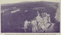 Fotografie, Schloss im Taunus, von einer Brieftaube fotografiert, deren Flügelspitzen rechts zu sehen sind
