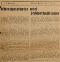 Kölner jüdisches Wochenblatt, 10. Januar 1930, Wirtschaftskriese 1