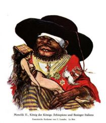 B020 Menelik II., König der Könige Äthiopiens und Besieger Italiens. Französische Karikatur von C. Leandre. Le Rire
